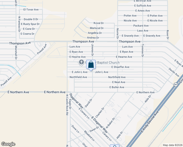 map of restaurants, bars, coffee shops, grocery stores, and more near 3620 Northfield Avenue in Kingman