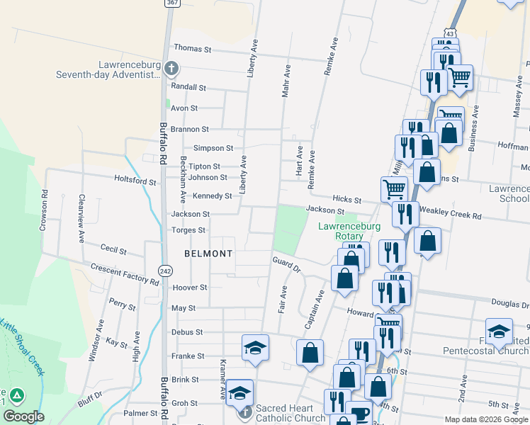 map of restaurants, bars, coffee shops, grocery stores, and more near 910 Evans Drive in Lawrenceburg