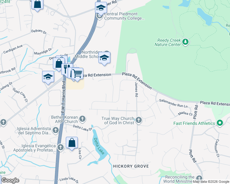 map of restaurants, bars, coffee shops, grocery stores, and more near 7716 The Plaza in Charlotte