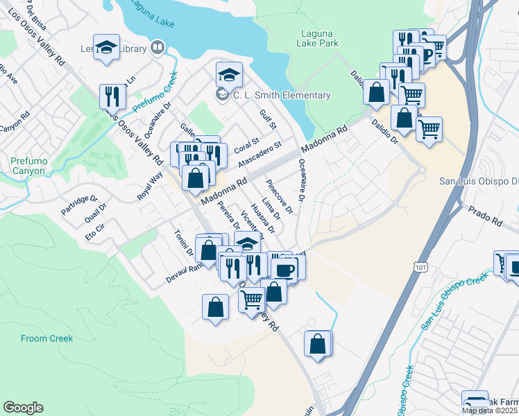 map of restaurants, bars, coffee shops, grocery stores, and more near 1764 Huasna Drive in San Luis Obispo