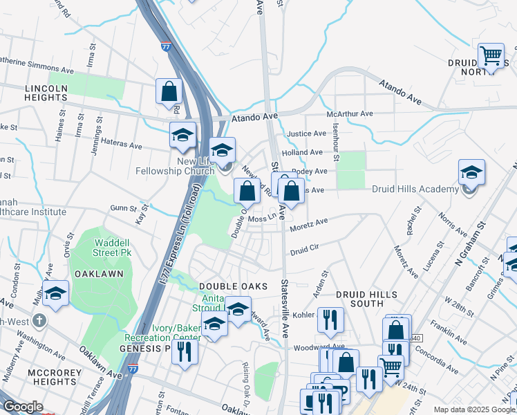 map of restaurants, bars, coffee shops, grocery stores, and more near 2537 Horne Drive in Charlotte