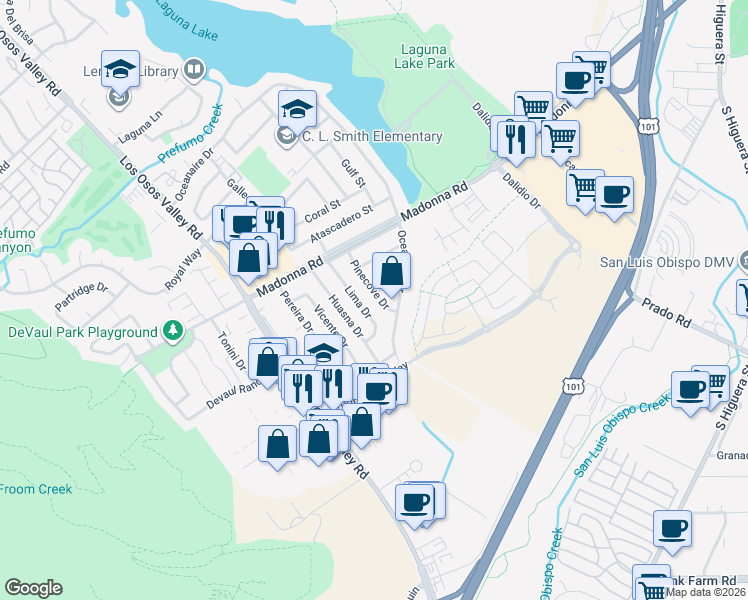 map of restaurants, bars, coffee shops, grocery stores, and more near 1827 Pinecove Drive in San Luis Obispo