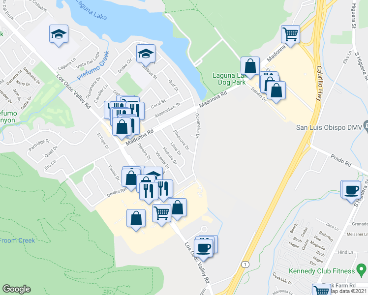 map of restaurants, bars, coffee shops, grocery stores, and more near 1827 Pinecove Drive in San Luis Obispo