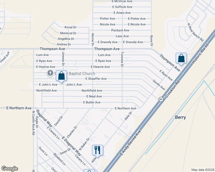 map of restaurants, bars, coffee shops, grocery stores, and more near 3790 Northfield Avenue in Kingman