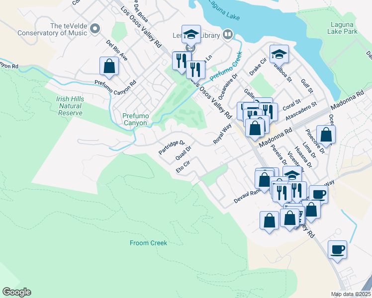 map of restaurants, bars, coffee shops, grocery stores, and more near 1540 Eto Circle in San Luis Obispo