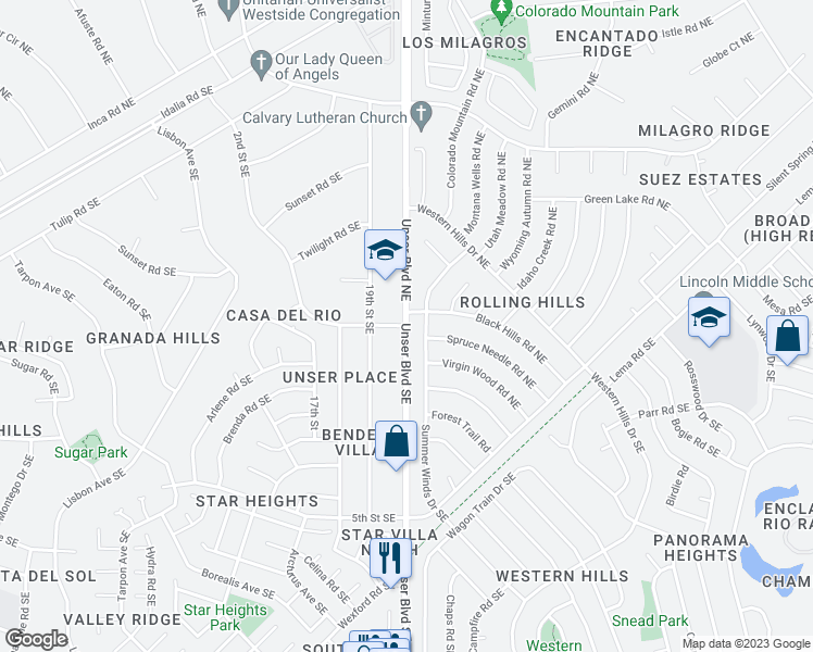 map of restaurants, bars, coffee shops, grocery stores, and more near 28 Unser Boulevard Southeast in Rio Rancho