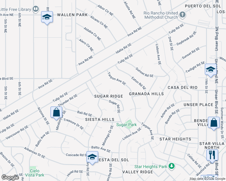 map of restaurants, bars, coffee shops, grocery stores, and more near 1201 Confection Court Southeast in Rio Rancho