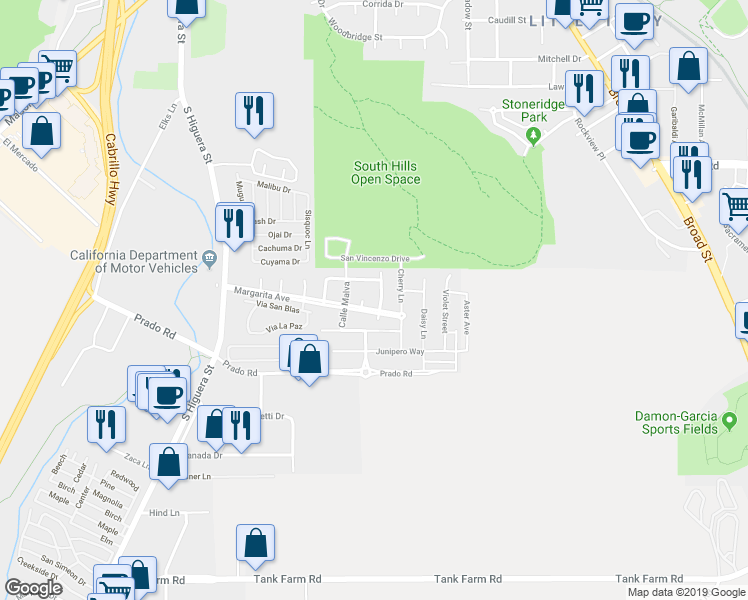 map of restaurants, bars, coffee shops, grocery stores, and more near 3205 Calle Jazmin in San Luis Obispo