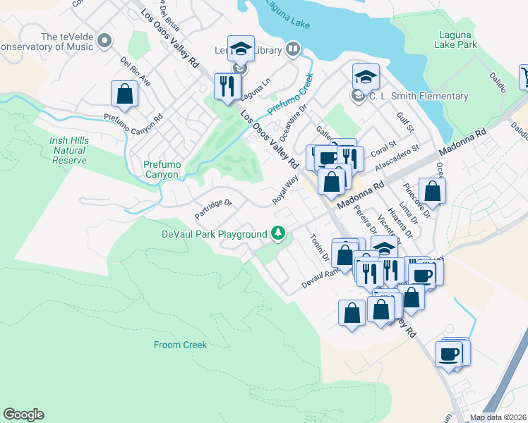 map of restaurants, bars, coffee shops, grocery stores, and more near 1550 Madonna Road in San Luis Obispo