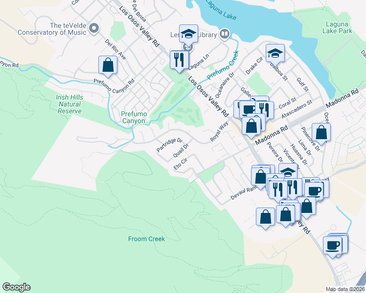 map of restaurants, bars, coffee shops, grocery stores, and more near 1540 Eto Circle in San Luis Obispo