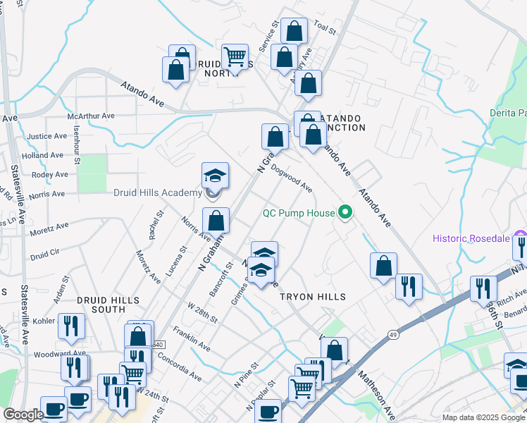 map of restaurants, bars, coffee shops, grocery stores, and more near 2808 Bancroft Street in Charlotte