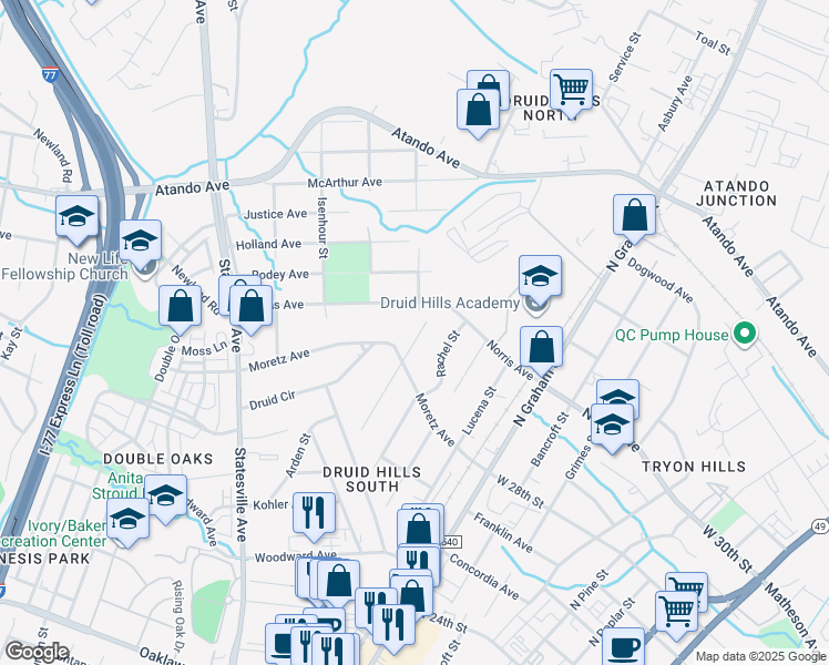 map of restaurants, bars, coffee shops, grocery stores, and more near 2618 Jefferson Davis Street in Charlotte