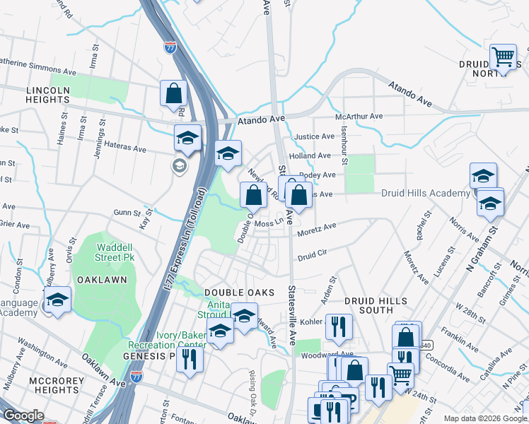 map of restaurants, bars, coffee shops, grocery stores, and more near 2537 Horne Drive in Charlotte