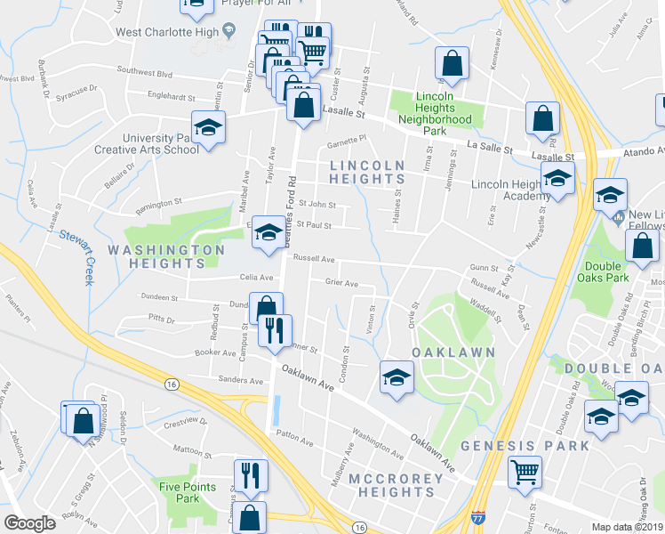 map of restaurants, bars, coffee shops, grocery stores, and more near 2002 Grier Avenue in Charlotte