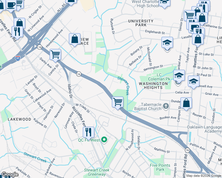 map of restaurants, bars, coffee shops, grocery stores, and more near 3353 Reno Avenue in Charlotte