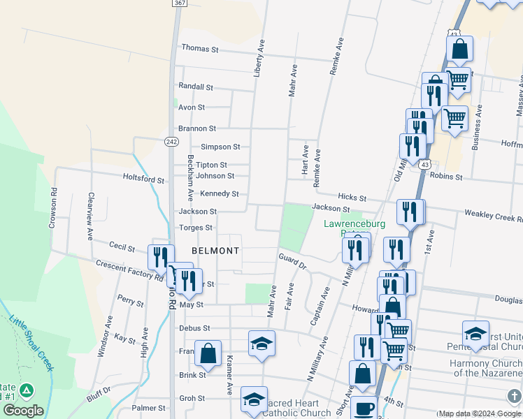 map of restaurants, bars, coffee shops, grocery stores, and more near 910 Evans Drive in Lawrenceburg