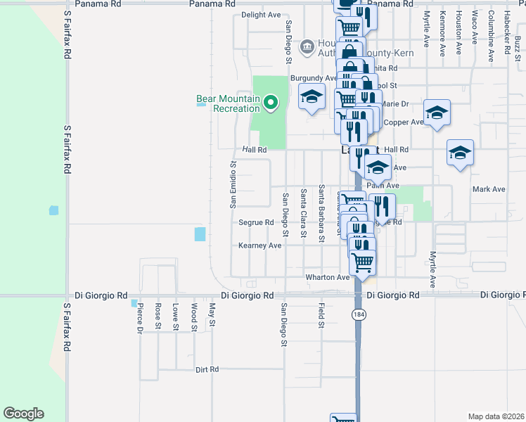 map of restaurants, bars, coffee shops, grocery stores, and more near 10904 San Gorgonio Street in Lamont