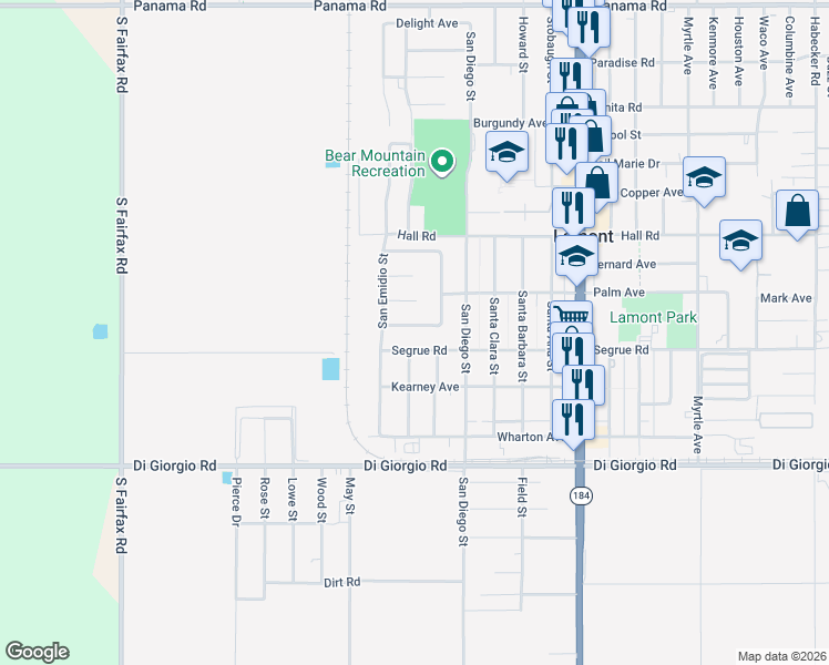 map of restaurants, bars, coffee shops, grocery stores, and more near 10900 San Fernando Street in Lamont