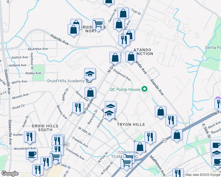 map of restaurants, bars, coffee shops, grocery stores, and more near 2808 Bancroft Street in Charlotte