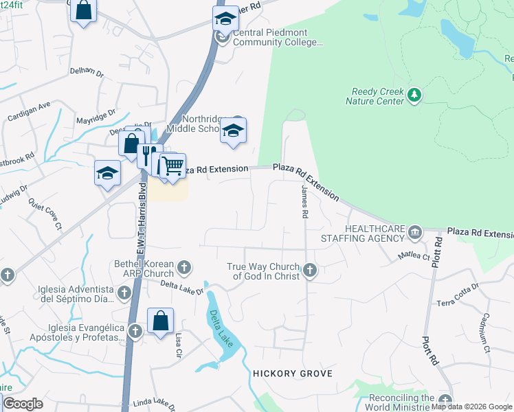 map of restaurants, bars, coffee shops, grocery stores, and more near 7716 The Plaza in Charlotte