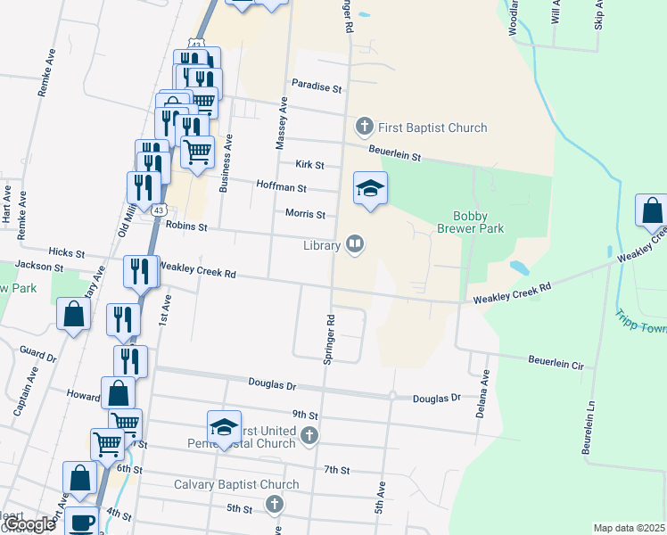 map of restaurants, bars, coffee shops, grocery stores, and more near Springer Road in Lawrenceburg