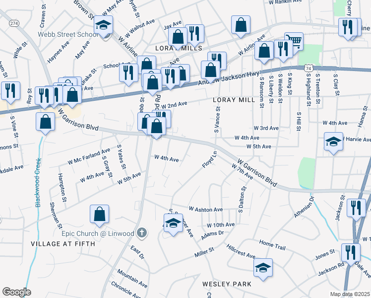 map of restaurants, bars, coffee shops, grocery stores, and more near 409 South Emerson Street in Gastonia