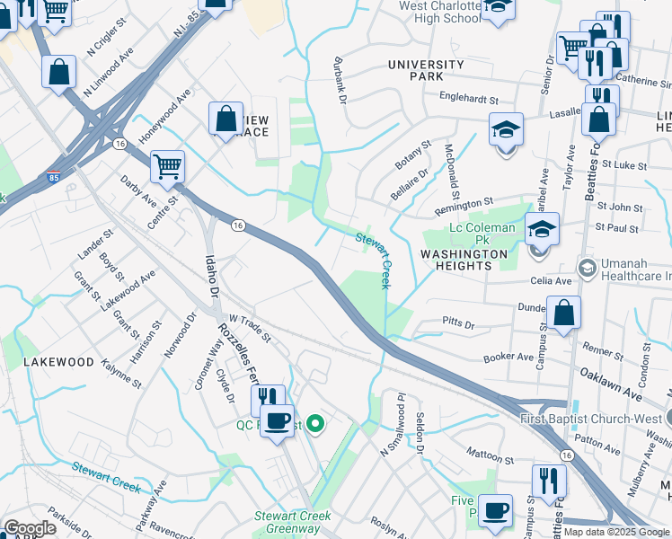map of restaurants, bars, coffee shops, grocery stores, and more near 3353 Reno Avenue in Charlotte