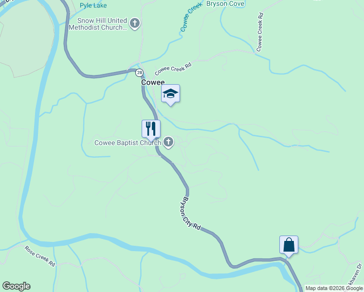 map of restaurants, bars, coffee shops, grocery stores, and more near 6301 Bryson City Road in Franklin