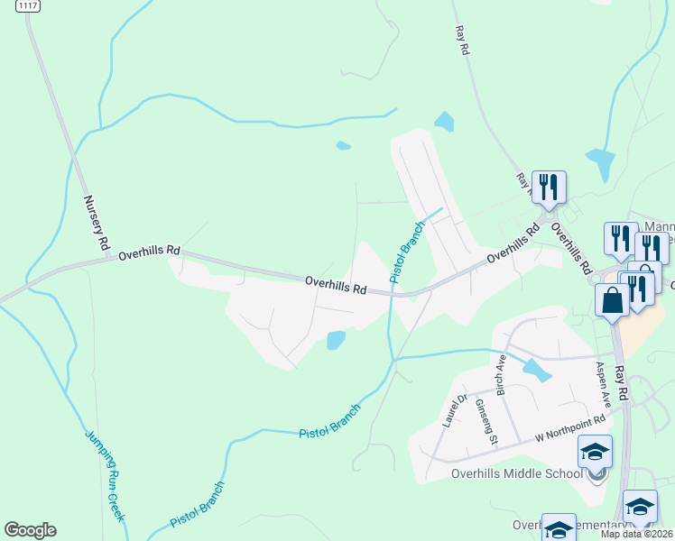 map of restaurants, bars, coffee shops, grocery stores, and more near 7643 Overhills Road in Spring Lake