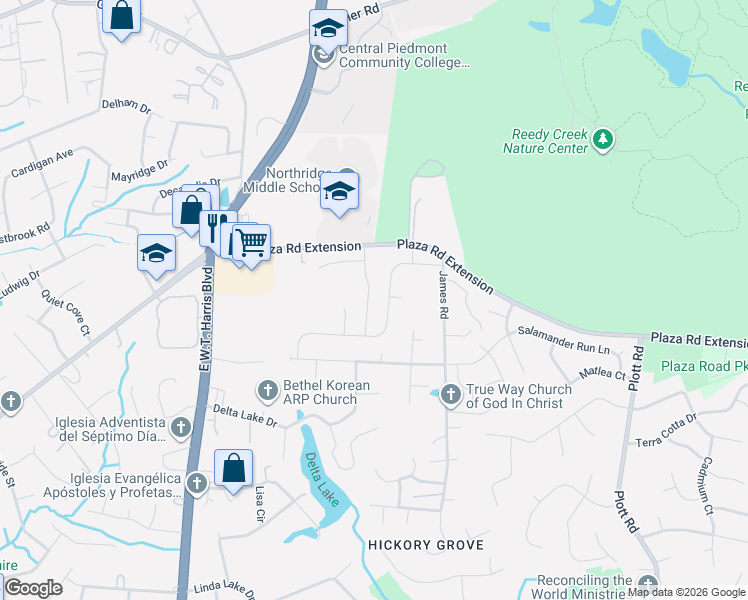 map of restaurants, bars, coffee shops, grocery stores, and more near 7716 The Plaza in Charlotte