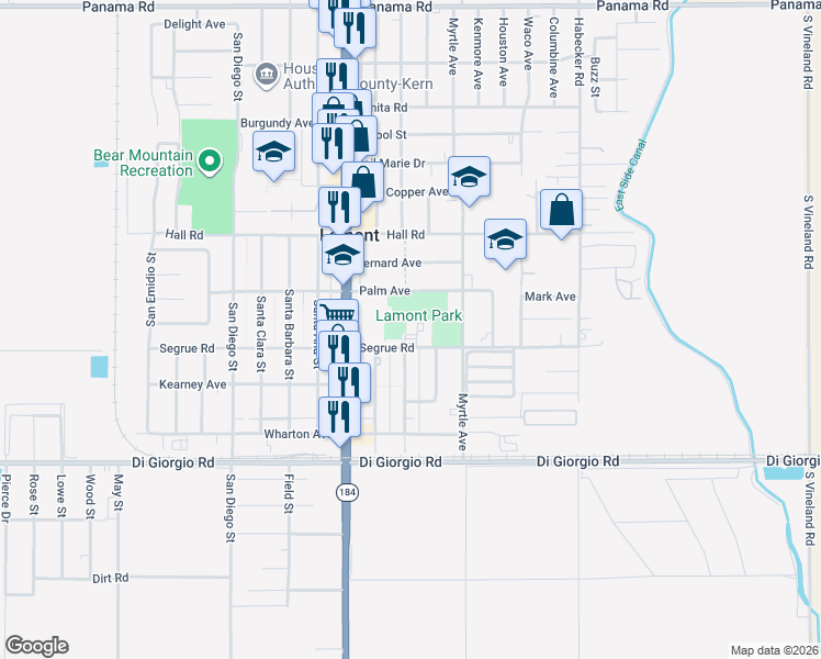 map of restaurants, bars, coffee shops, grocery stores, and more near 10900 Santa Paula Avenue in Lamont