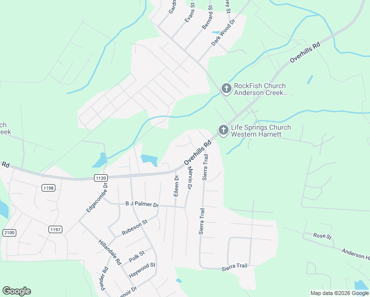 map of restaurants, bars, coffee shops, grocery stores, and more near 5608 Overhills Road in Spring Lake