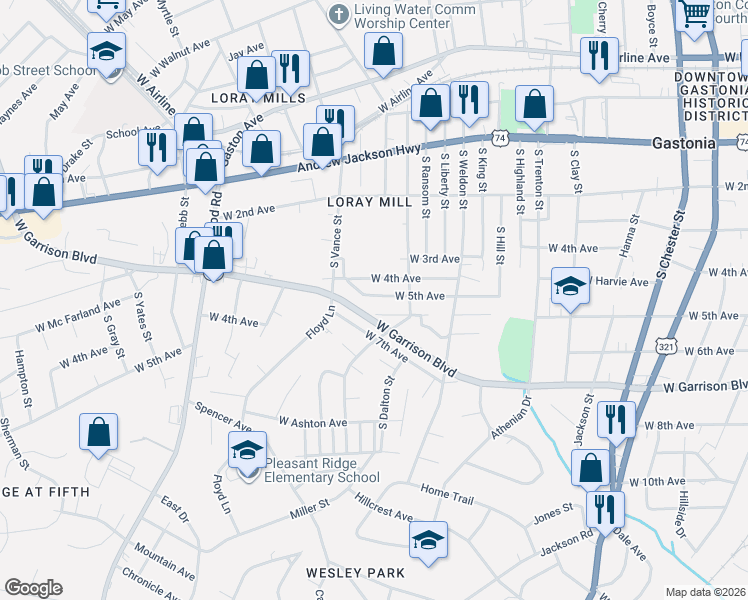 map of restaurants, bars, coffee shops, grocery stores, and more near 1124 West 7th Avenue in Gastonia