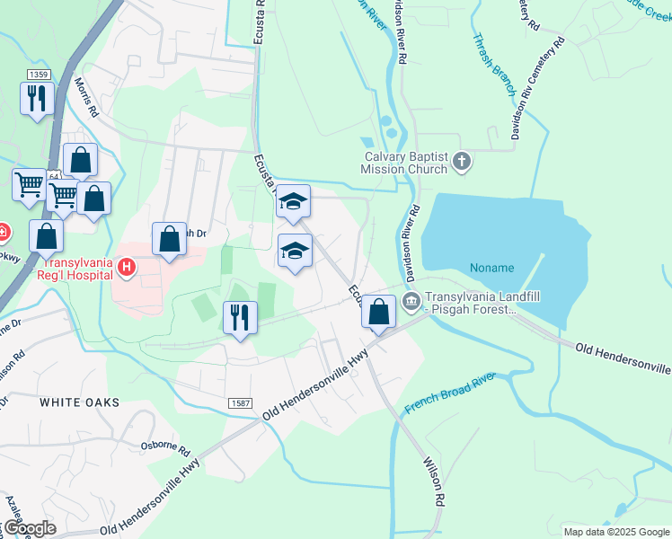 map of restaurants, bars, coffee shops, grocery stores, and more near 1160 Ecusta Road in Brevard