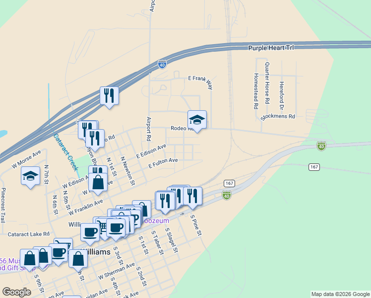 map of restaurants, bars, coffee shops, grocery stores, and more near 611 East Fulton Avenue in Williams