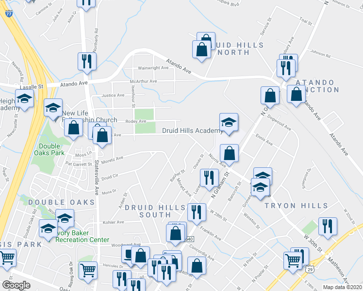 map of restaurants, bars, coffee shops, grocery stores, and more near 2618 Jefferson Davis Street in Charlotte