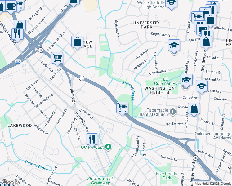 map of restaurants, bars, coffee shops, grocery stores, and more near 3353 Reno Avenue in Charlotte