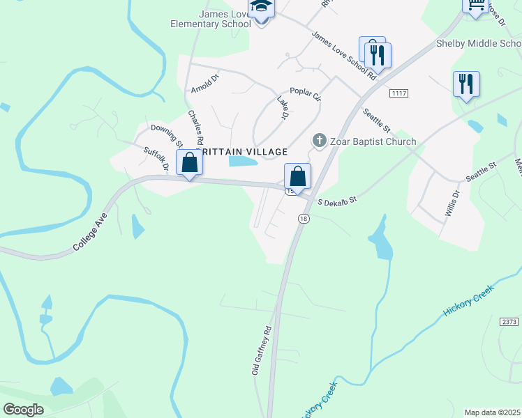 map of restaurants, bars, coffee shops, grocery stores, and more near 117 Embert Lane in Shelby
