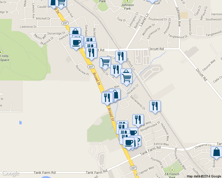 map of restaurants, bars, coffee shops, grocery stores, and more near 750 Capitolio Way in San Luis Obispo