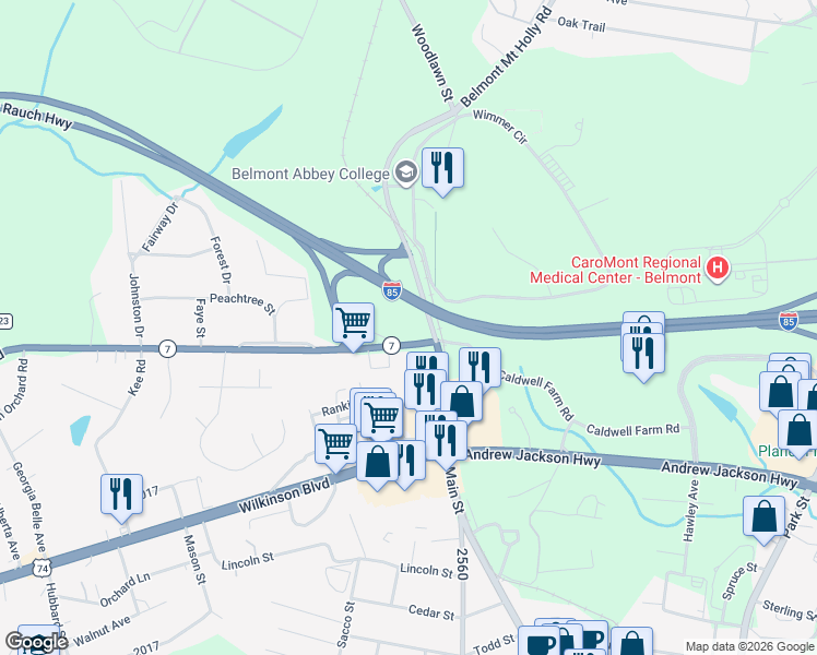 map of restaurants, bars, coffee shops, grocery stores, and more near 57 McAdenville Road in Belmont