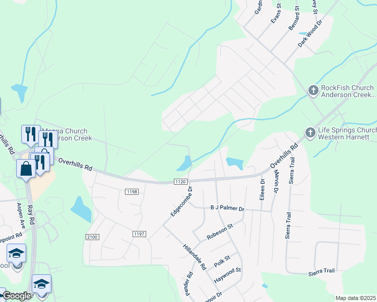 map of restaurants, bars, coffee shops, grocery stores, and more near 6082 Overhills Road in Spring Lake