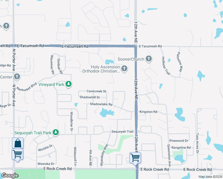 map of restaurants, bars, coffee shops, grocery stores, and more near 813 Shadowhill Street in Norman