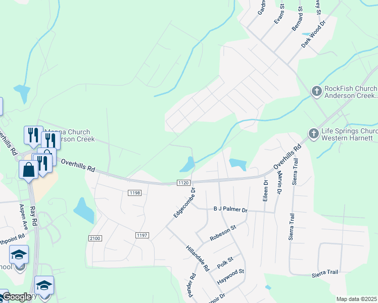 map of restaurants, bars, coffee shops, grocery stores, and more near 6082 Overhills Road in Spring Lake