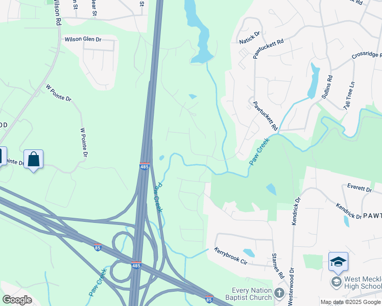map of restaurants, bars, coffee shops, grocery stores, and more near 6555 Paw Village Road in Charlotte