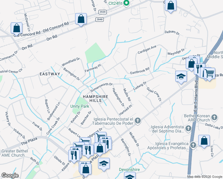 map of restaurants, bars, coffee shops, grocery stores, and more near 6701 Somersworth Drive in Charlotte