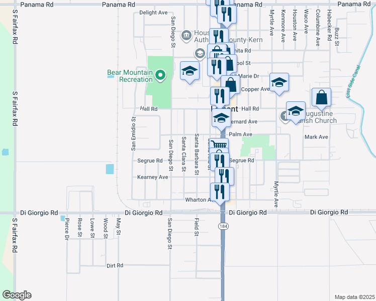 map of restaurants, bars, coffee shops, grocery stores, and more near 10805 Santa Clara Street in Lamont