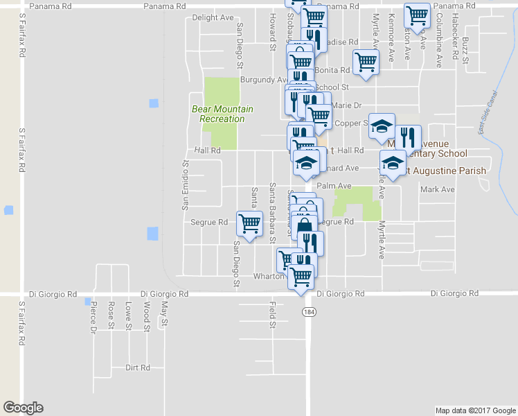 map of restaurants, bars, coffee shops, grocery stores, and more near 10805 Santa Clara Street in Lamont