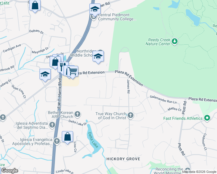 map of restaurants, bars, coffee shops, grocery stores, and more near 7716 The Plaza in Charlotte
