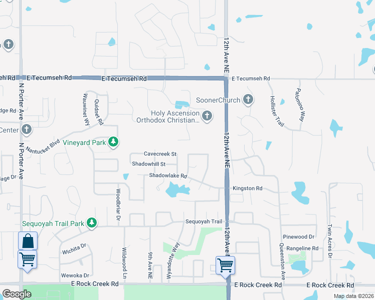 map of restaurants, bars, coffee shops, grocery stores, and more near 1001 Pinecrest Street in Norman