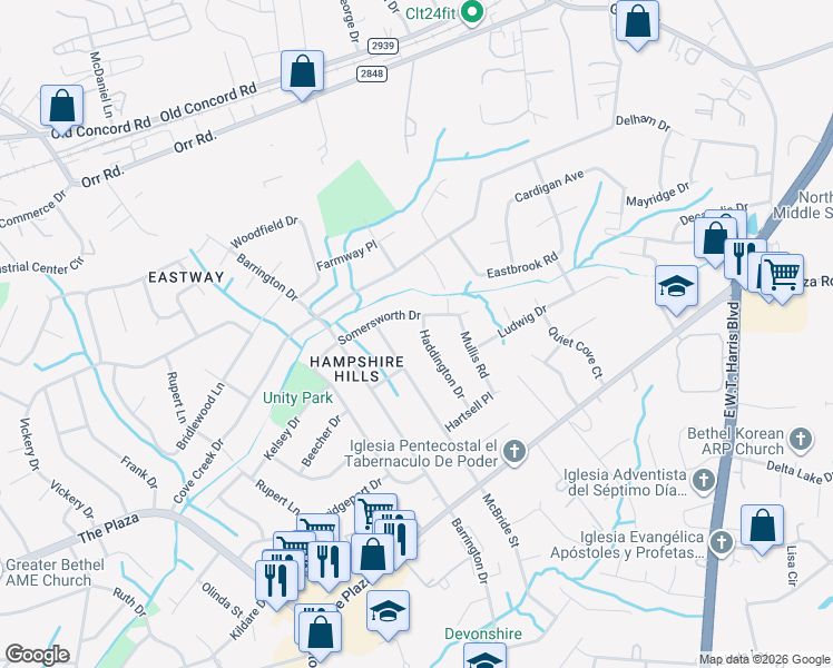 map of restaurants, bars, coffee shops, grocery stores, and more near 5816 Haddington Drive in Charlotte